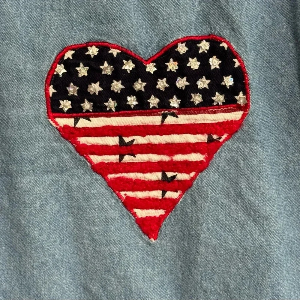 Patriotic USA Patches Embroidered Embellished Red White Blue Denim Shirt Size 3X - Picture 6 of 10